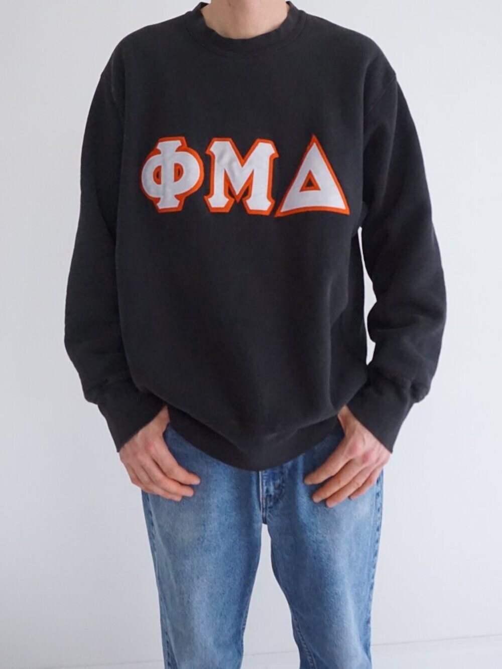 VTG Lee Black Phi Mu Alpha Greek Letter Patch Heavyweight Cross Grain Sweater XL